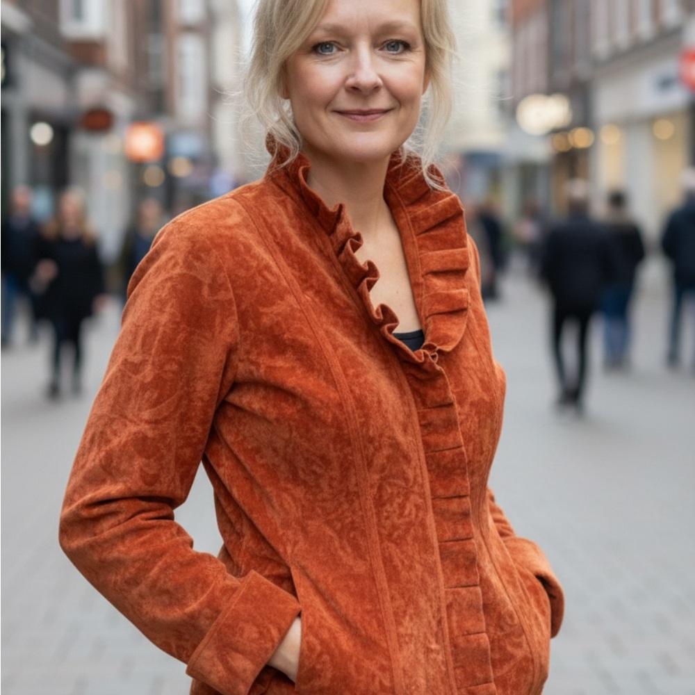 Chico's Rust Orange Ruffled Suede Jacket - Picture 2 of 9